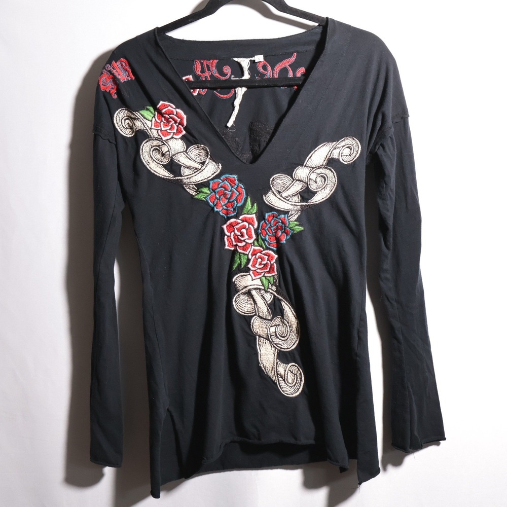 Johnny Was Y2K Suede Roses Embroidered Black Long‎ Sleeve Top S Baddie Grunge